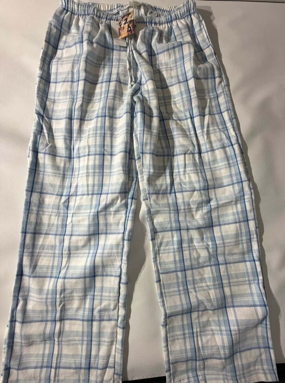 Blue White Plaid Pajama Pants Elastic Waist Sleep Lounge Pants Womens